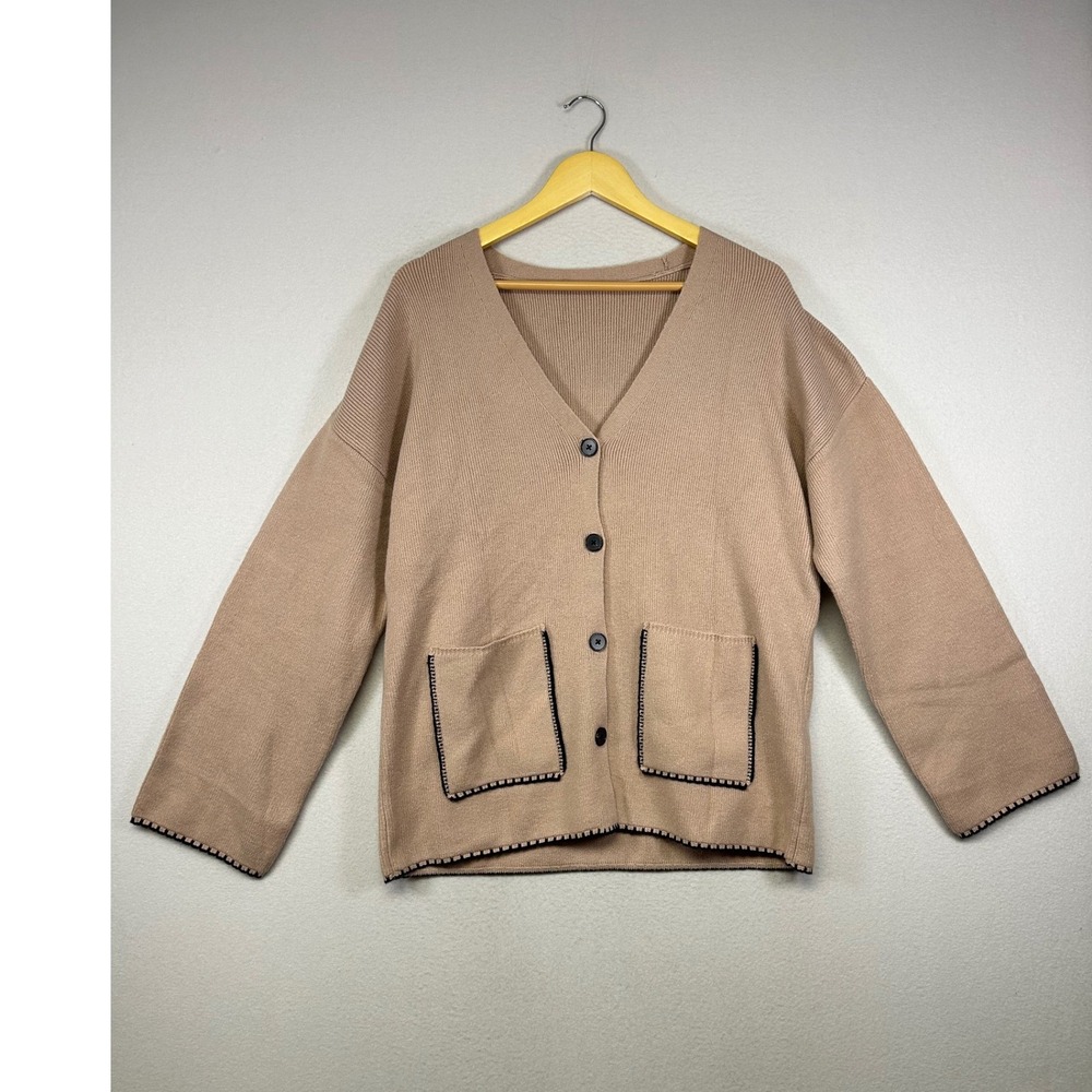 Minimalist Neutral Women XL Khaki Beige Contrast Stitch Oversized Cardigan